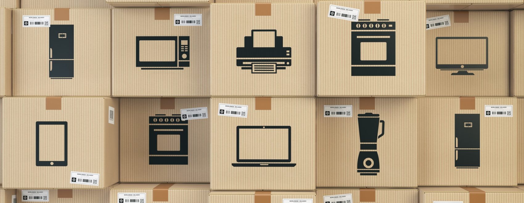 Household kitchen appliances and home electronics in boxes . E-c