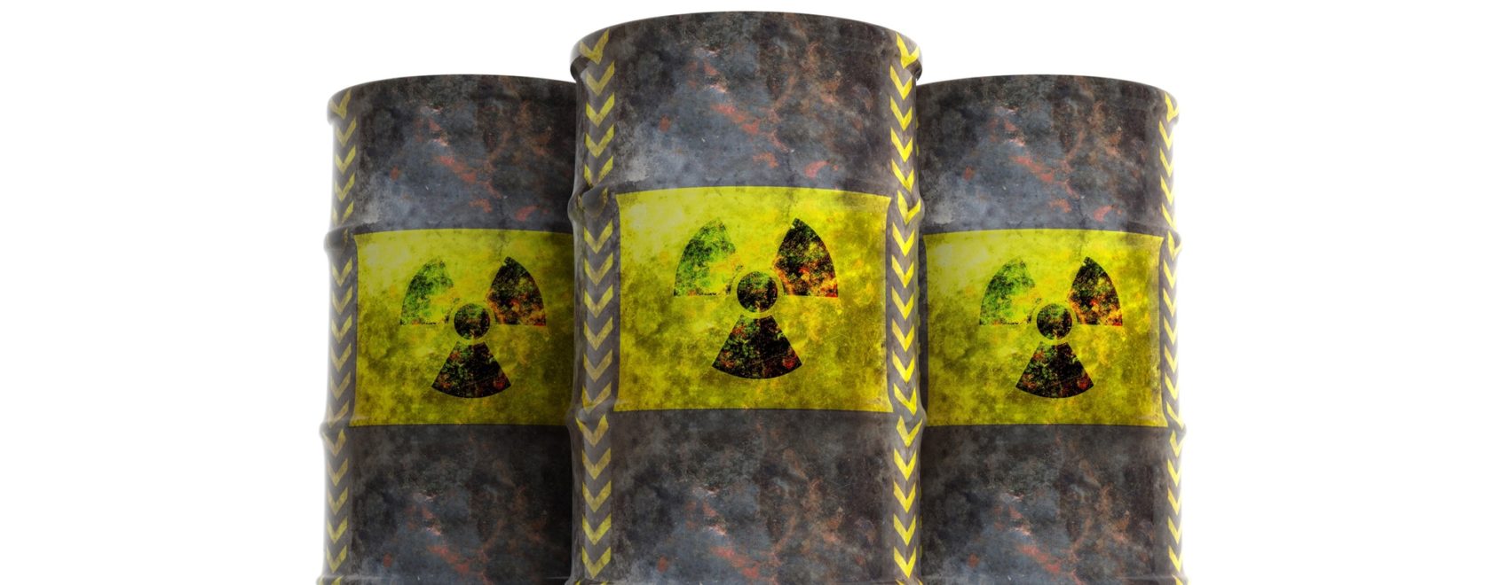 Radiation symbol on oil barrels, white background. 3d illustration