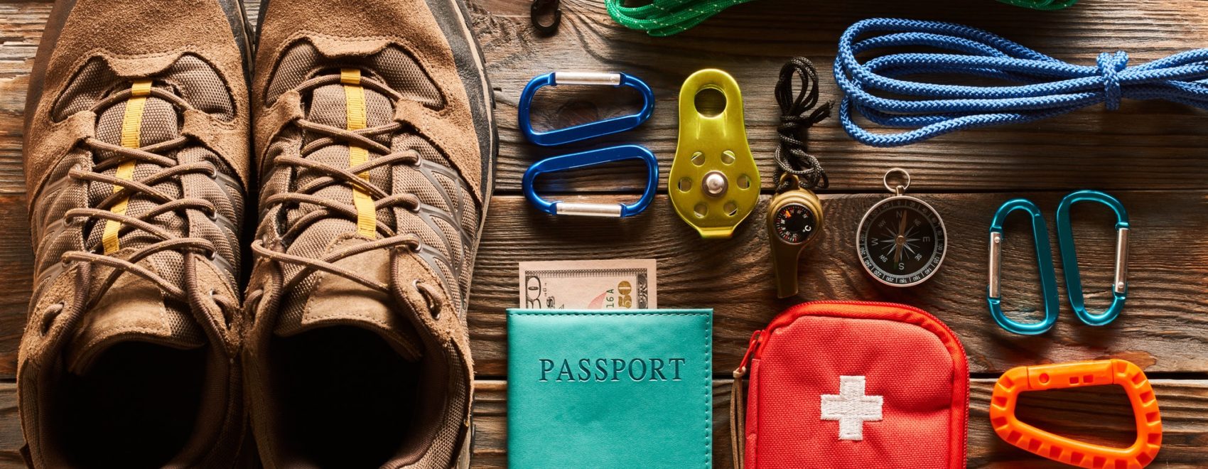 Travel items for hiking flat lay